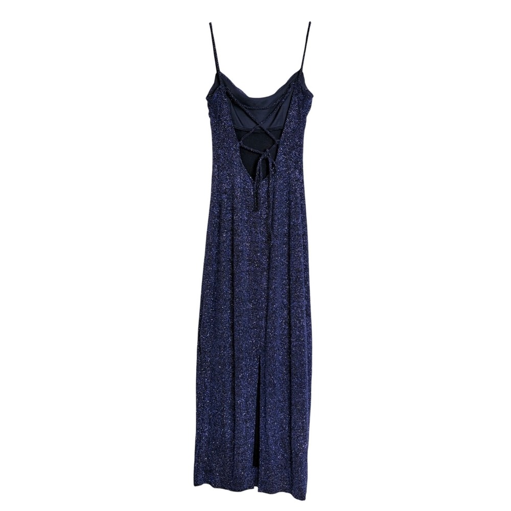 Vintage Jodi Kristopher Prom Dress Navy Glitter Drape Neck Evening Gown S - Picture 3 of 12